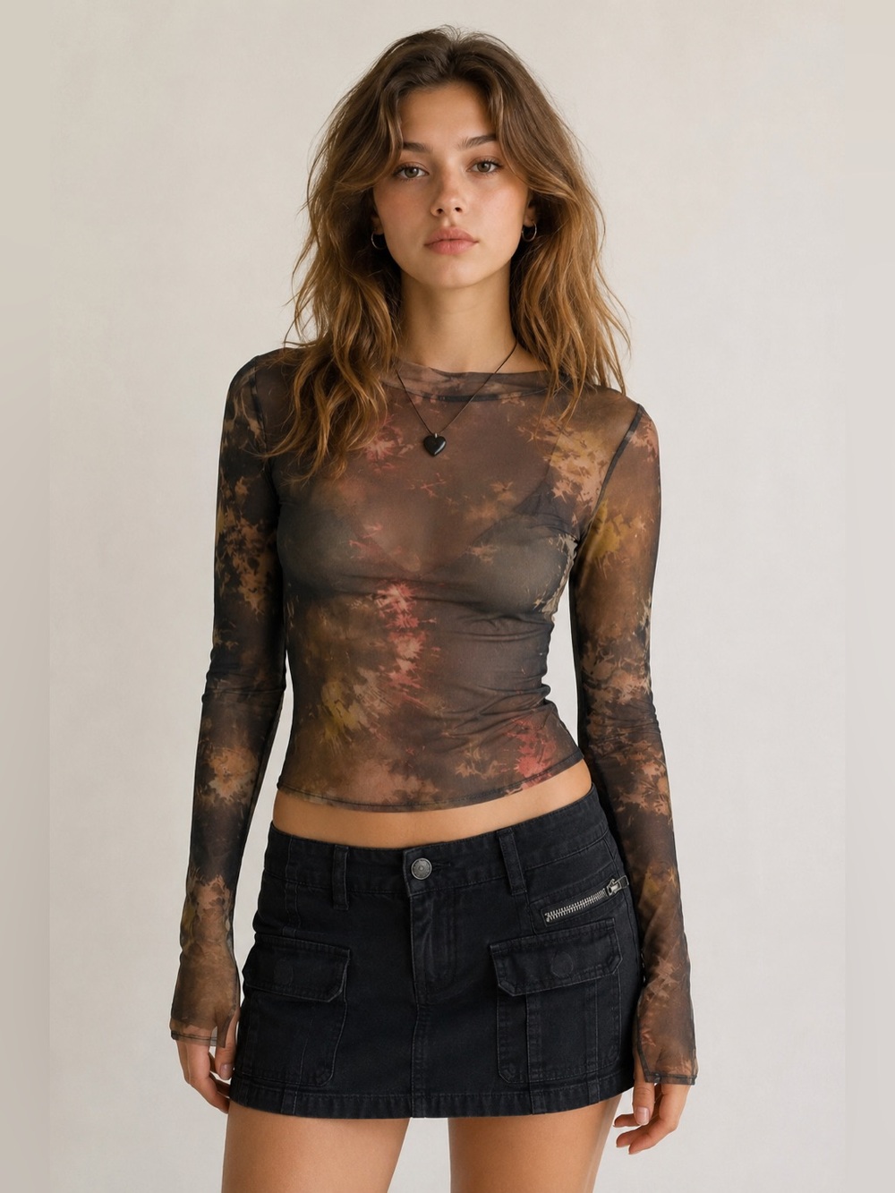 Zara Women Size S Sheer Tie Dye Mesh Long Sleeve Top Brown Y2K Fairy Grunge